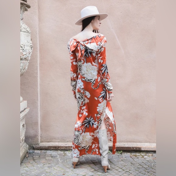 NWT Las Sureñas Women’s Long Orange Floral Tiger Print Dress Medium 100% Silk - Picture 12 of 14